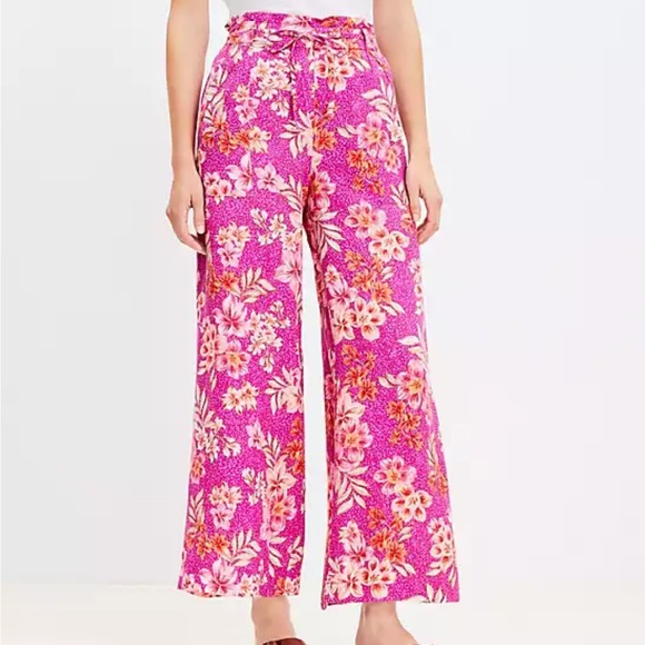 Ann Taylor LOFT Breezy Wide Leg Pants Linen Blend Casual Pants Pink Floral Large - Picture 1 of 11